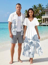 Coconut Tree Print Plus Size Matching Hawaii Beach Outfit For Couples -  