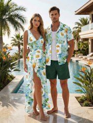 Ensemble de plage hawaïen assorti grandes tailles à imprimé marguerites et feuilles pour couples - Bleu Poudre 