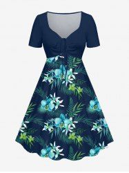 Robe hawaïenne grande taille à imprimé floral tropical et feuilles, cintrée - Bleu profond L