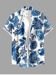 Chemise hawaïenne grande taille pour homme, à boutons et poche, imprimée de fleurs et de feuilles en porcelaine bleue et blanche. - Bleu M