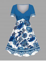 Plus Size Blue And White Porcelain Flower Leaf Print Cinched Hawaii Dress -  