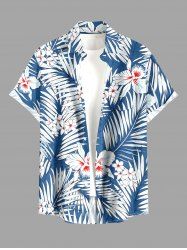 Chemise hawaïenne grande taille pour homme, à imprimé floral tropical et feuilles, boutons et poche. - Bleu M