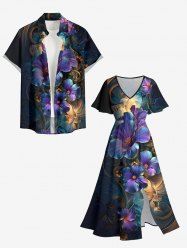 Ensemble de plage hawaïen assorti pour couples, imprimé métallique fleurs et feuilles d'hibiscus, grandes tailles - Noir 