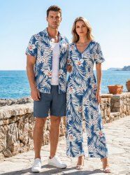 Ensemble de plage hawaïen assorti pour couples, imprimé fleurs et feuilles tropicales, grandes tailles - Bleu 