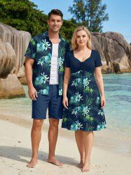 Ensemble de plage hawaïen assorti pour couples, imprimé fleurs et feuilles tropicales, grandes tailles - Bleu profond 