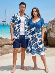 Ensemble de plage hawaïen assorti pour couples, grande taille, imprimé floral et feuilles en porcelaine bleue et blanche - Bleu 