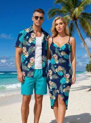 Tropical Leaf Hibiscus Flower Print Matching Hawaii Beach Outfit For Couples -  