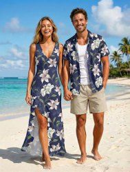 Flower Leaf Branch Print Matching Hawaii Beach Outfit For Couples -  