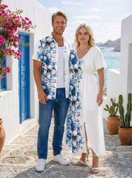 Flowers Leaf Tropical Print Plus Size Matching Hawaii Beach Outfit For Couples -  