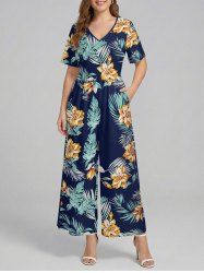 Combinaison hawaïenne à imprimé floral tropical et feuilles, col en V et jambes larges - Bleu profond XS