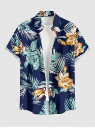 Chemise hawaïenne grande taille pour homme, à imprimé floral tropical et feuilles, boutons et poche. - Bleu profond S