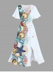 Robe mi-longue hawaïenne fendue à imprimé étoiles de mer et corail, grande taille - Bleu clair S