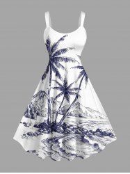 Robe débardeur hawaïenne grande taille imprimée cocotiers, montagnes et paysage marin - Bleu profond S