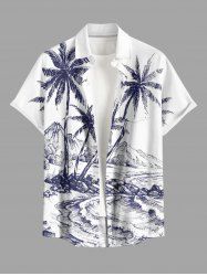 Chemise hawaïenne grande taille pour homme, imprimée cocotiers, montagnes et paysage marin, avec poches et boutons. - Bleu profond XL
