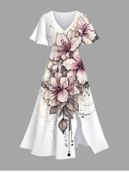 Robe mi-longue hawaïenne fendue à imprimé floral et feuilles grande taille - Blanc S