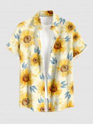 Plus Size Sunflowers Leaf Print Buttons Pocket Hawaii Shirt For Men -  