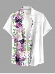 Plus Size Rose Flowers Leaf Print Buttons Pocket Hawaii Shirt For Men -  