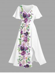 Plus Size Rose Flowers Leaf Print Split Hawaii Midi Dress -  
