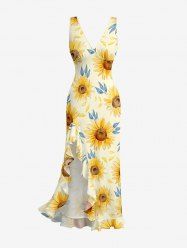 Robe hawaïenne à imprimé tournesols et volants fendue, style cache-cœur - Jaune M