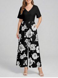 Plus Size Flowers Leaf Print V Neck Hawaii Wide Leg Jumpsuit - Noir XL