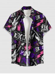 Rock Star Guitar Crown Graffiti Print Buttons Pocket Hawaii Shirt For Men - Noir 2XL