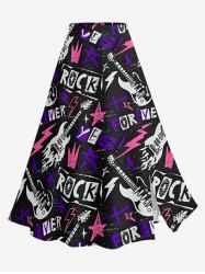 Rock Star Guitar Crown Graffiti Print Split Hawaii Skirt - Noir 2X