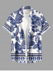 Plus Size Blue And White Porcelain Pineapple Hibiscus Flower Leaf Print Buttons Pocket Hawaii Shirt For Men - Bleu 4XL