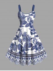 Plus Size Blue And White Porcelain Pineapple Hibiscus Flower Leaf Print Hawaii Tank Dress -  