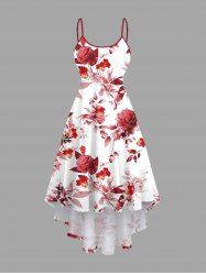 Rose Flowers Leaf Print High Low Hawaii Cami Dress - Rouge S