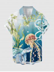 Chemise hawaïenne grande taille pour homme, imprimé ombré méduse, pieuvre et tortue, boutons et poche. - Bleu Ciel S