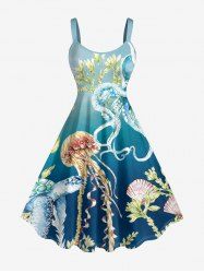 Robe débardeur hawaïenne grande taille à imprimé ombré méduse, pieuvre et tortue - Bleu Ciel 6X