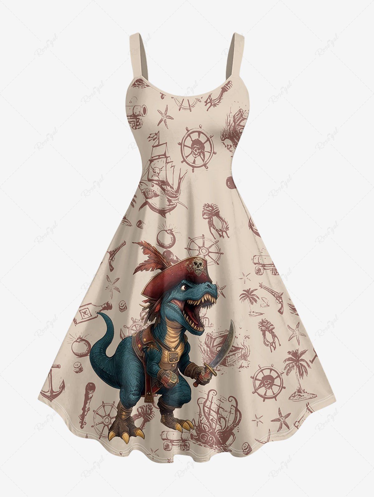 Affordable Plus Size Dinosaur Pirate Ship Rudder Print Hawaii Tank Dress  