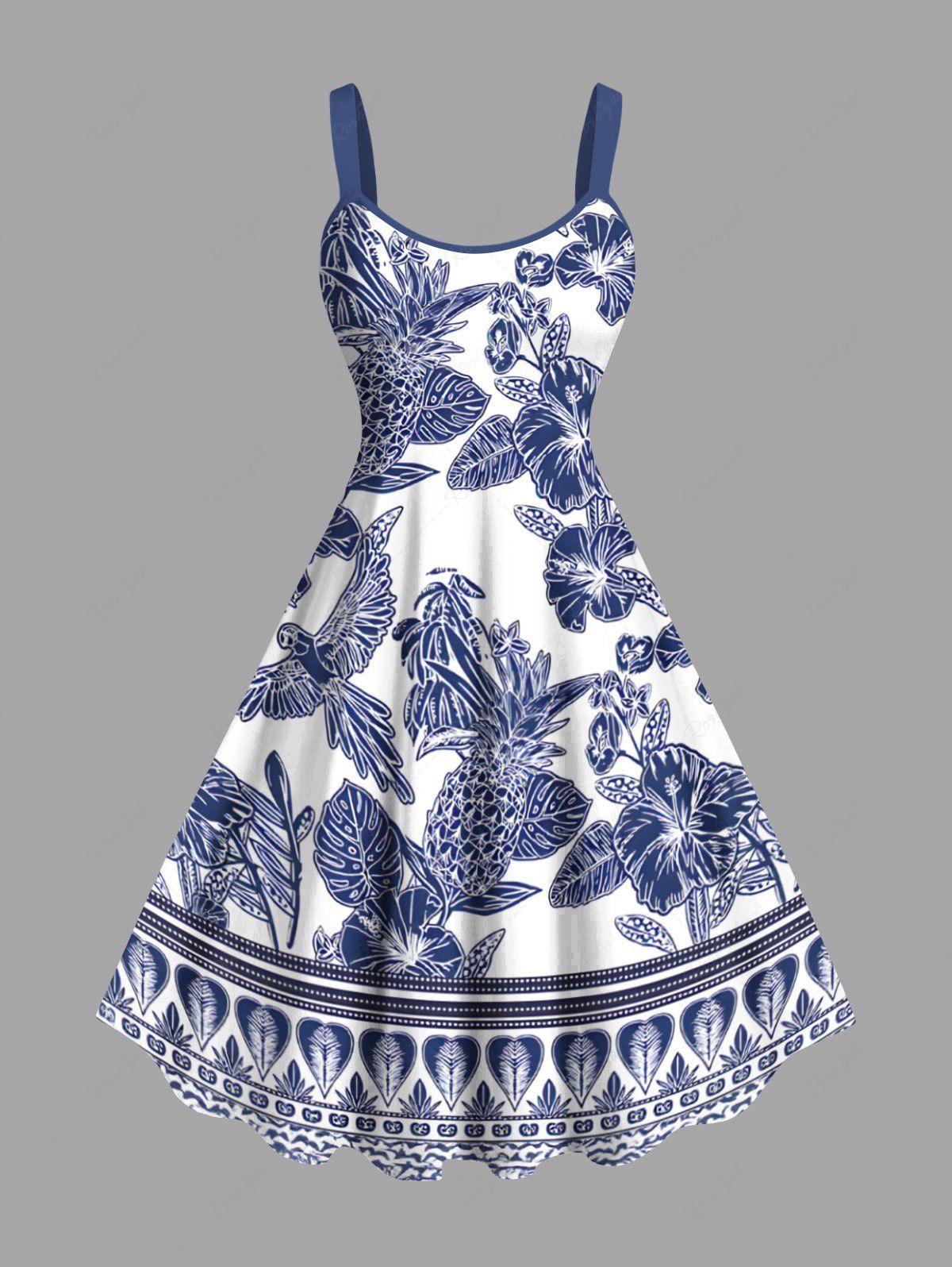 Affordable Plus Size Blue And White Porcelain Pineapple Hibiscus Flower Leaf Print Hawaii Tank Dress  