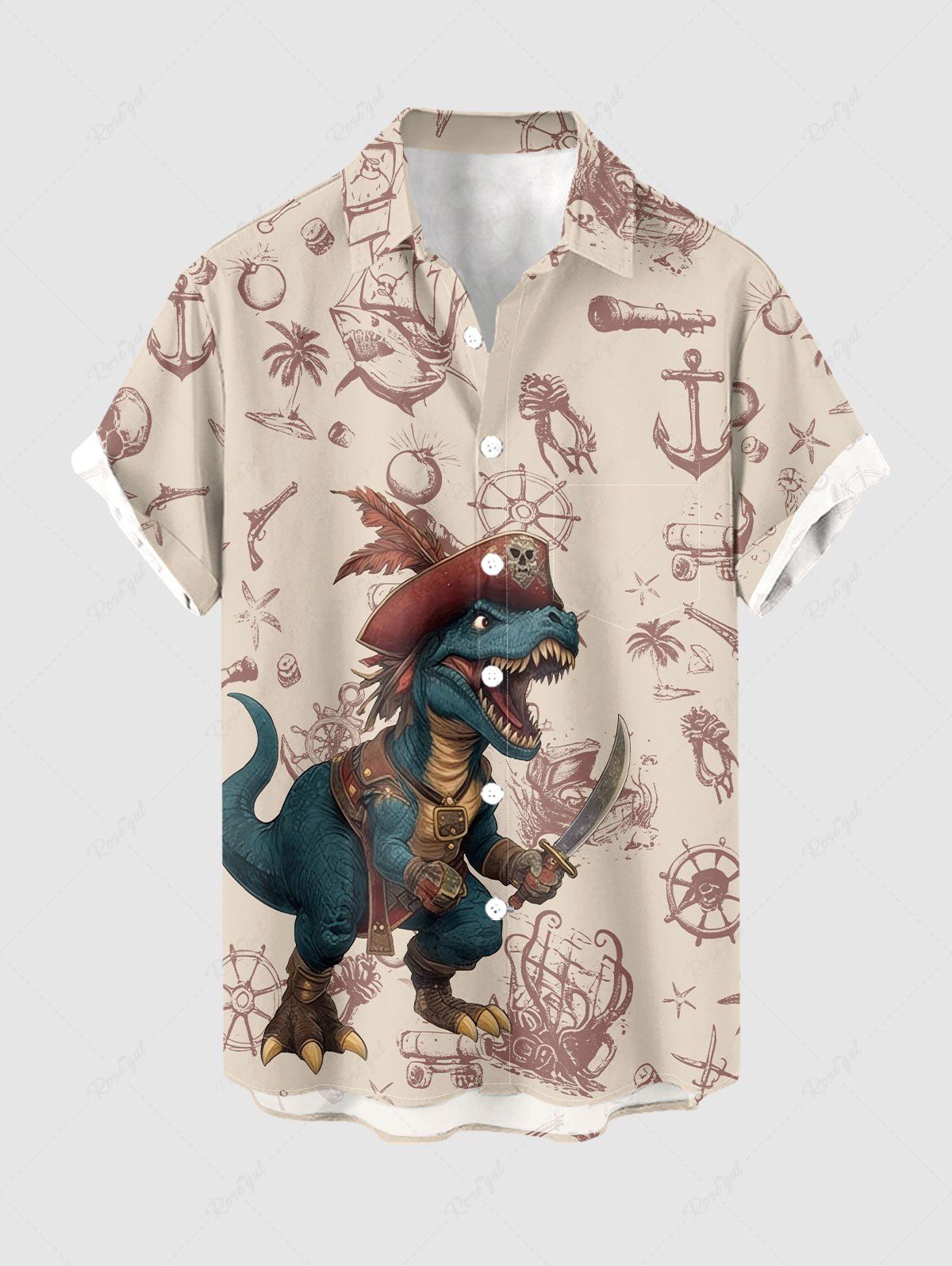 Fancy Plus Size Dinosaur Pirate Ship Rudder Print Buttons Pocket Hawaii Shirt For Men  