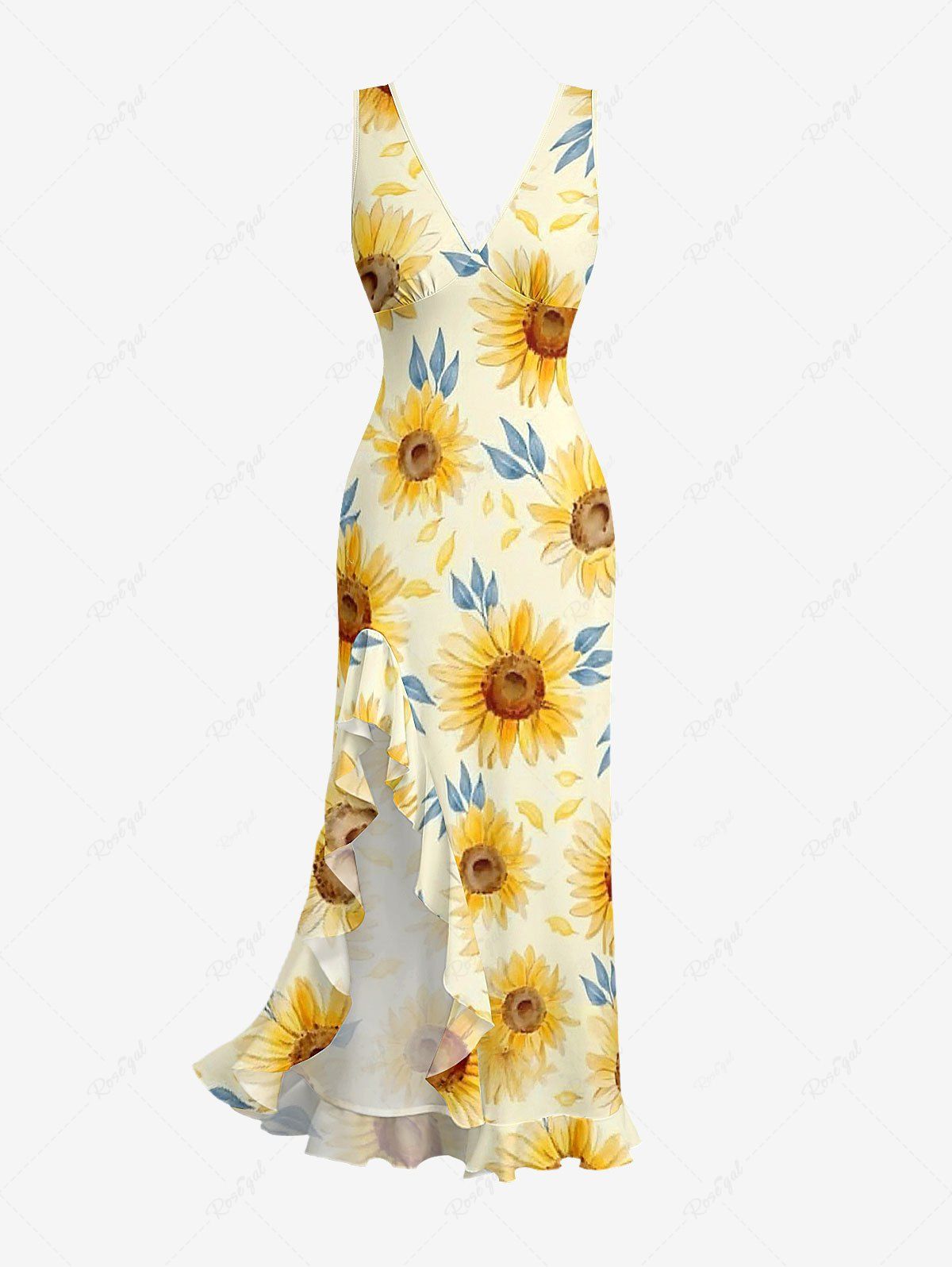 Sale Sunflowers Leaf Print Hawaii Ruffles Split Surplice Dress  