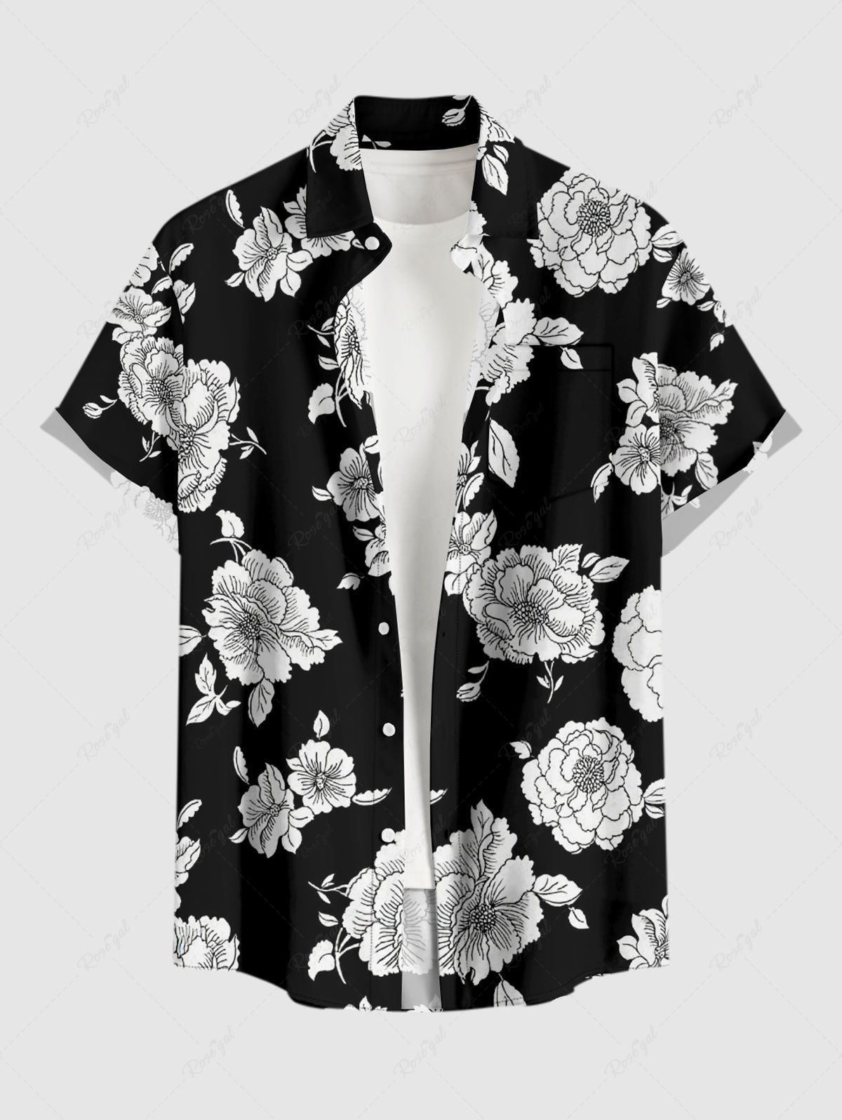 Hot Plus Size Flowers Leaf Print Buttons Pocket Hawaii Shirt For Men  
