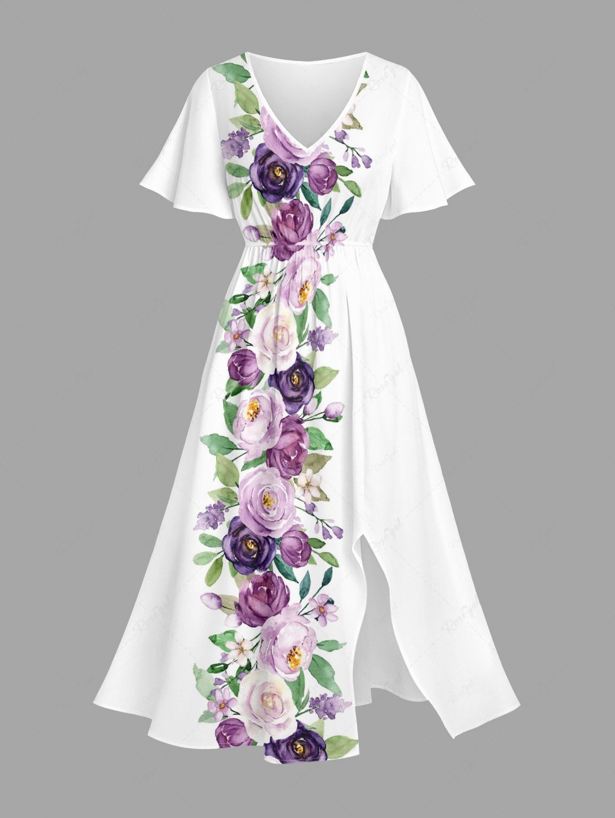 Store Plus Size Rose Flowers Leaf Print Split Hawaii Midi Dress  