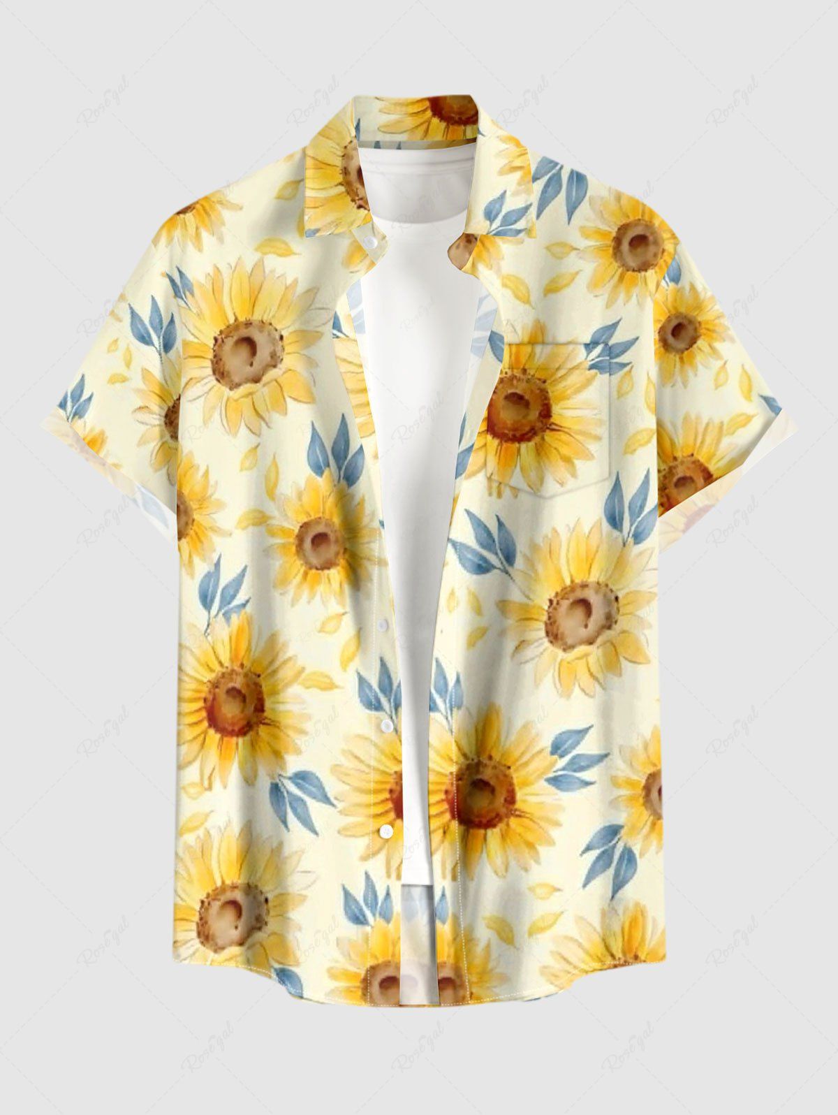 Shop Plus Size Sunflowers Leaf Print Buttons Pocket Hawaii Shirt For Men  
