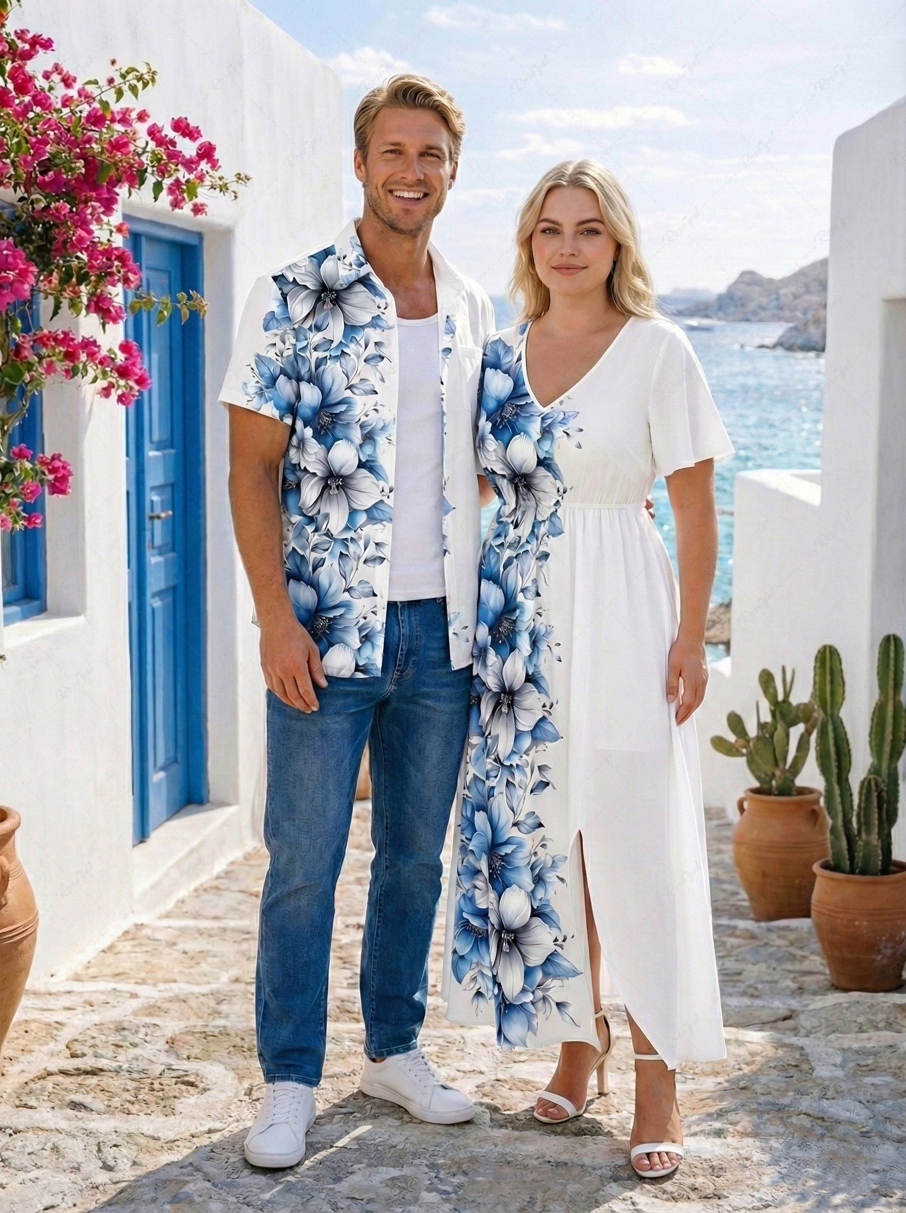 Fashion Flowers Leaf Tropical Print Plus Size Matching Hawaii Beach Outfit For Couples  
