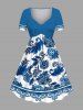Ensemble de plage hawaïen assorti pour couples, grande taille, imprimé floral et feuilles en porcelaine bleue et blanche - Bleu 