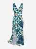 Robe hawaïenne à imprimé floral tropical et feuilles, à volants et fente cache-cœur - Bleu profond S