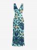 Robe hawaïenne à imprimé floral tropical et feuilles, à volants et fente cache-cœur - Bleu profond S