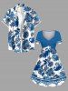 Plus Size Blue And White Porcelain Flower Leaf Print Cinched Hawaii Dress -  