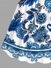 Plus Size Blue And White Porcelain Flower Leaf Print Cinched Hawaii Dress -  