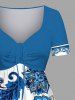 Plus Size Blue And White Porcelain Flower Leaf Print Cinched Hawaii Dress -  
