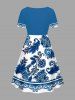 Plus Size Blue And White Porcelain Flower Leaf Print Cinched Hawaii Dress -  