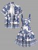Blue And White Porcelain Pineapple Hibiscus Flower Leaf Print Hawaii Tank Dress - Bleu S
