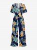 Flowers Tropical Leaf Print V Neck Hawaii Wide Leg Jumpsuit -  