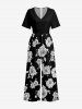 Plus Size Flowers Leaf Print V Neck Hawaii Wide Leg Jumpsuit - Noir XL