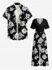 Plus Size Flowers Leaf Print V Neck Hawaii Wide Leg Jumpsuit - Noir XL